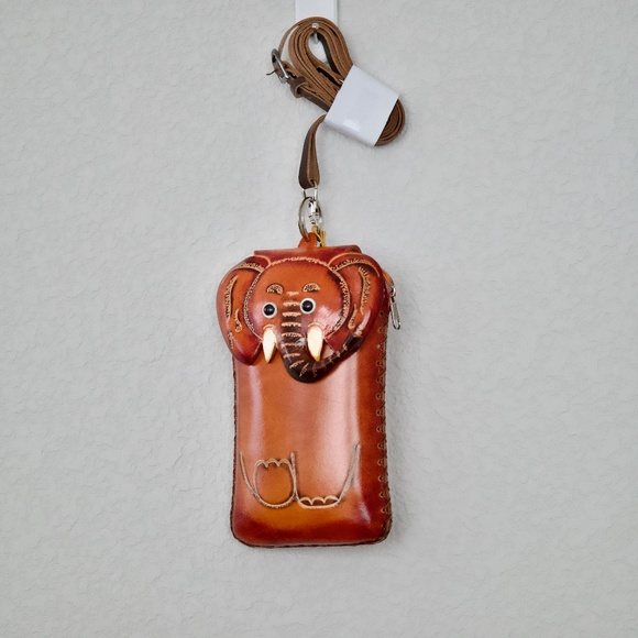 Hand Crafted Carved Leather Elephant Phone Wristlet Wallet with Strap NWOT - Picture 4 of 7